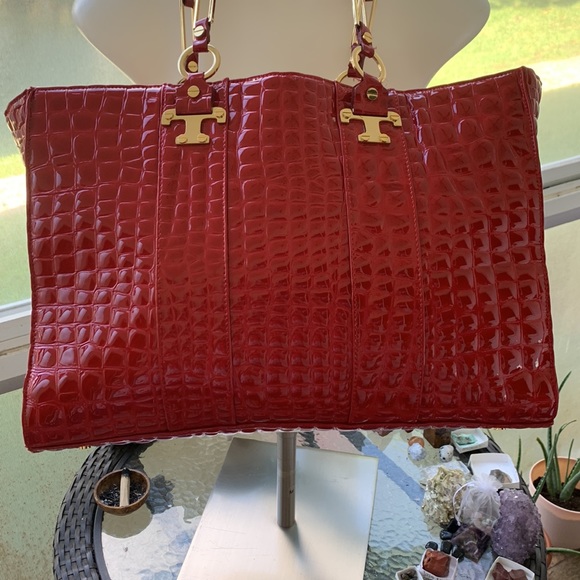 Tory Burch Red Jordana Croc Embossed Tote Bag - Picture 3 of 11